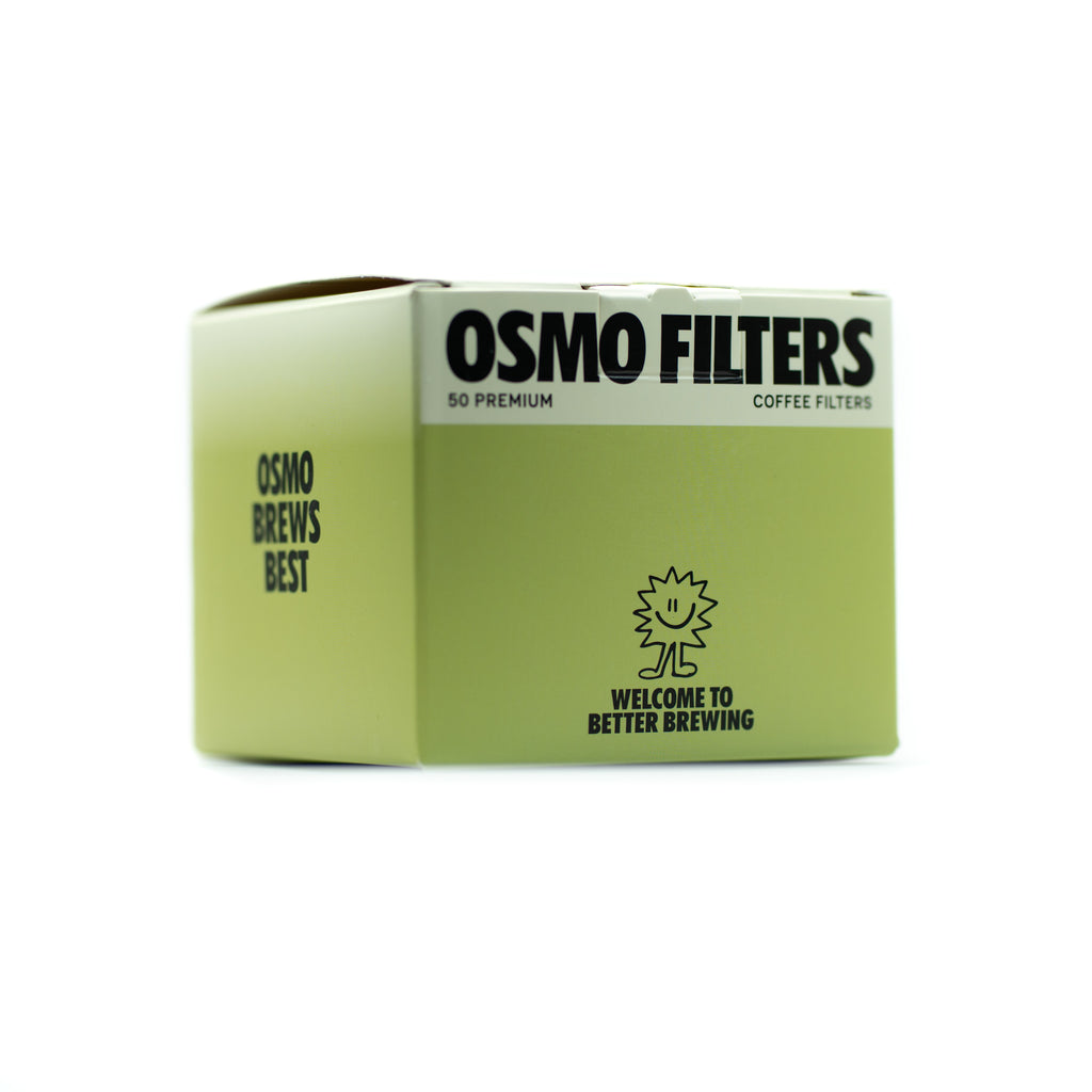 Front box angle shot of OSMO Wave Filters designed for flat bottom coffee drippers on a white background